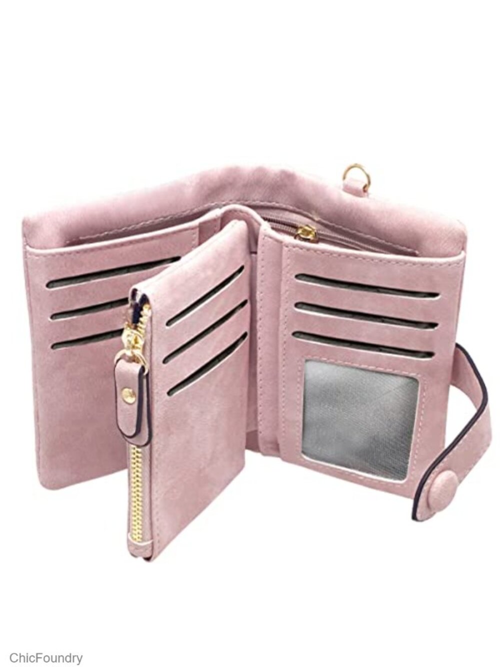 Small RFID Faux Leather Trifold Wallet with Wrist Strap and Coin Purse